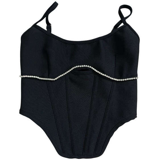 superdown Tops - Superdown Black Corset Bustier Top Rhinestone Trim Strappy XS